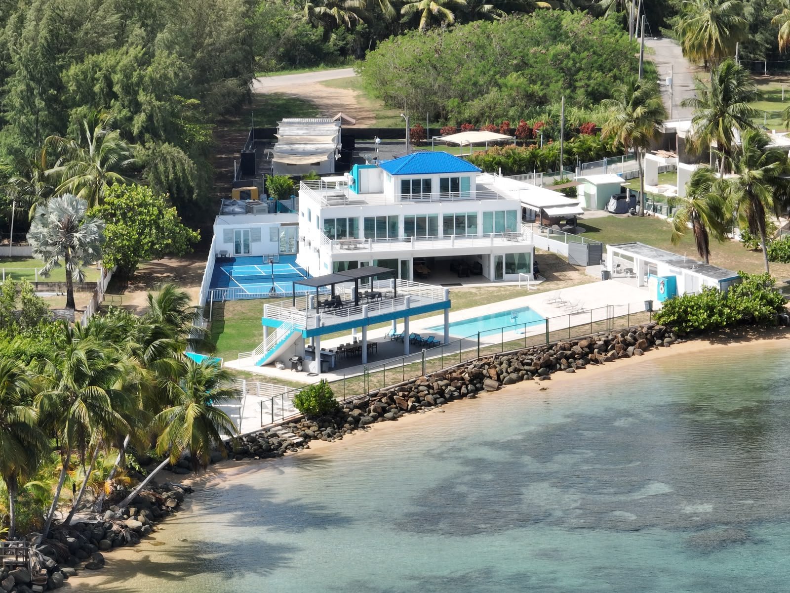 Front-side aerial view of the Blue Paradise beachfront home in Puerto Rico