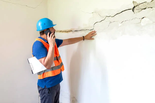 Inspector documenting cracks and structural damage on an interior wall
